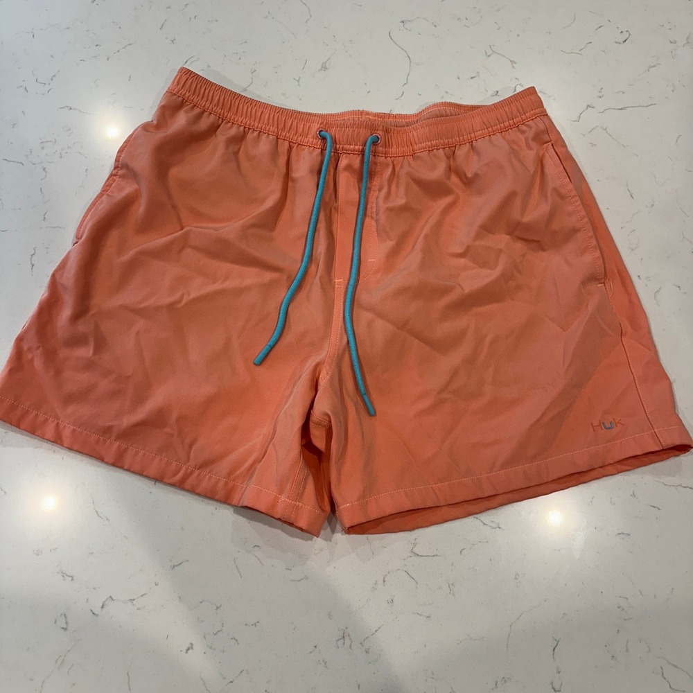 Huk Performance Fishing Shorts Mens Large Coral Orange Mesh Lined Swim Trunks